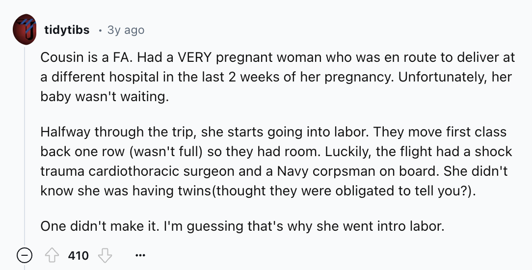 screenshot - tidytibs 3y ago Cousin is a Fa. Had a Very pregnant woman who was en route to deliver at a different hospital in the last 2 weeks of her pregnancy. Unfortunately, her baby wasn't waiting. Halfway through the trip, she starts going into labor.